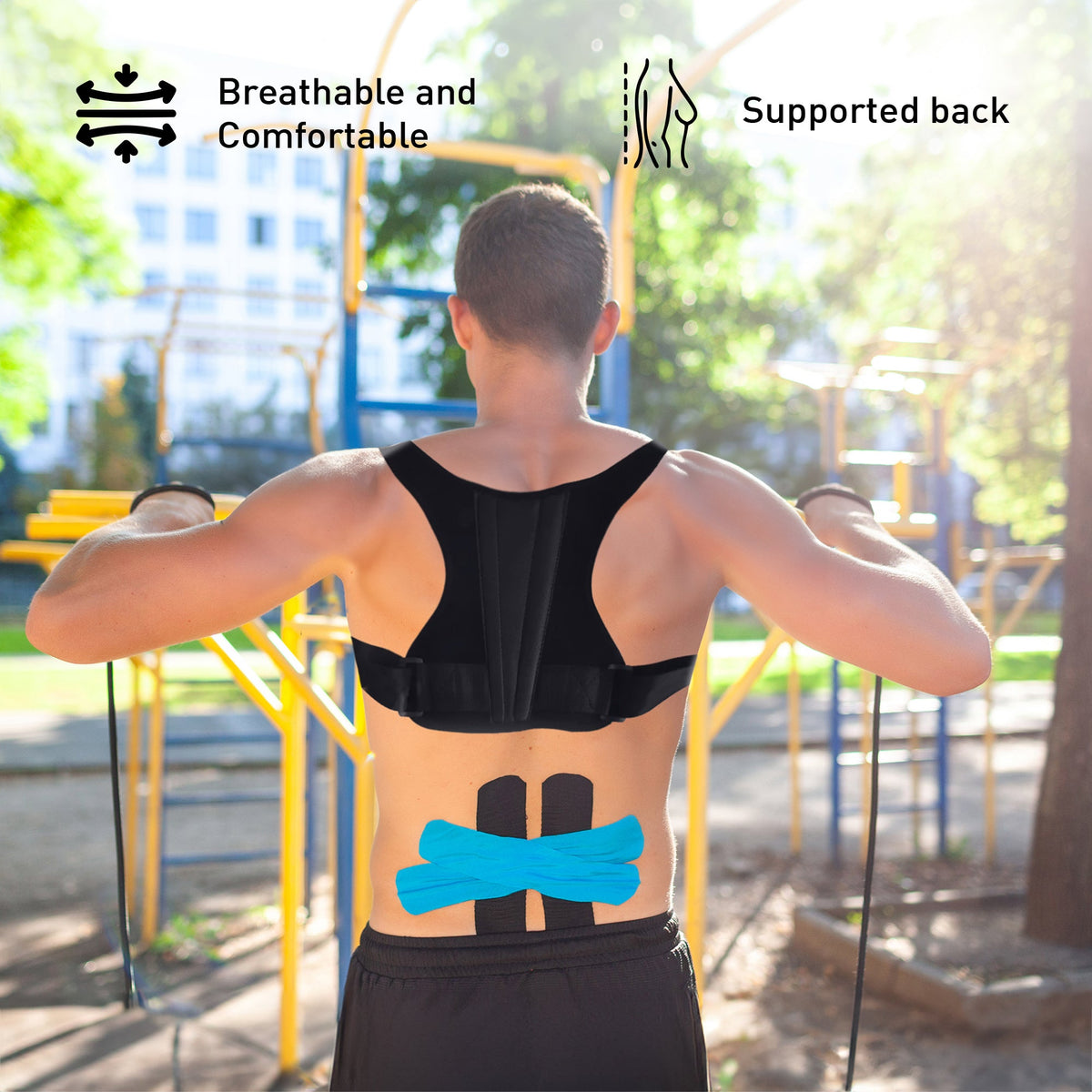 Corrector de postura ajustable con barra de soporte para la espalda y faja superior transpirable.