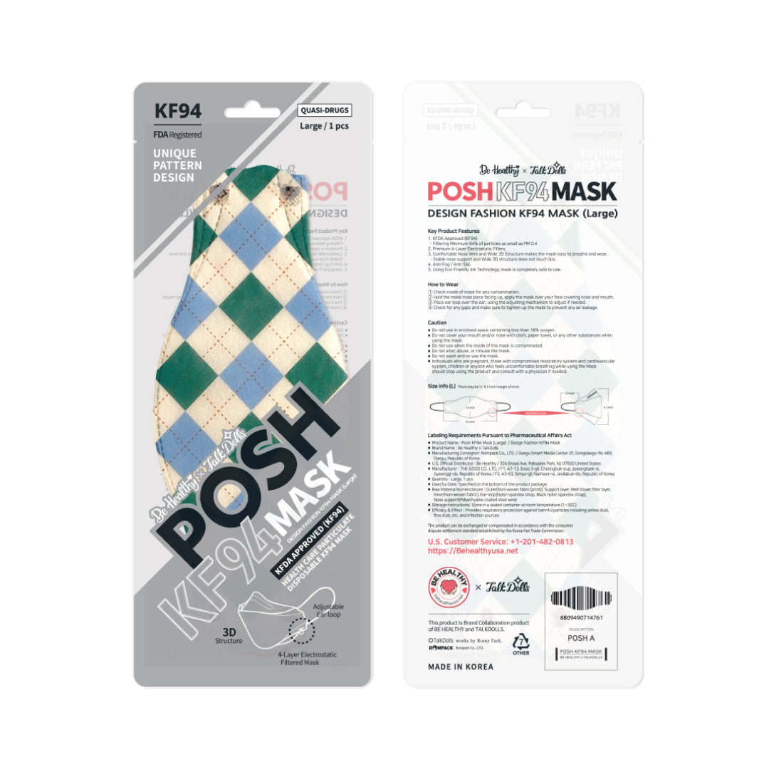 POSH KF94 Mask Classic Blue Green Argyle (A09)