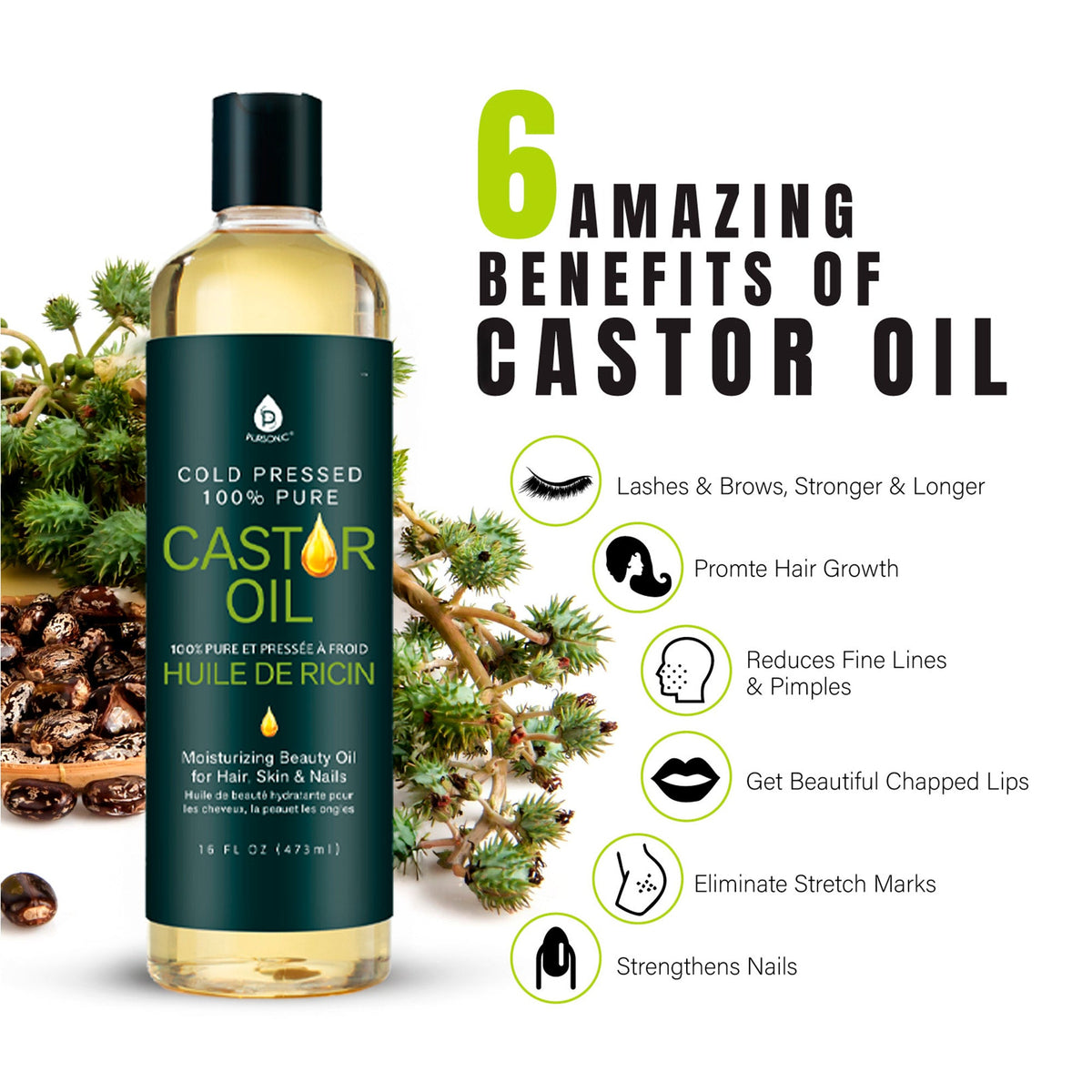 Aceite de ricino 100% puro prensado en frío, 16 oz