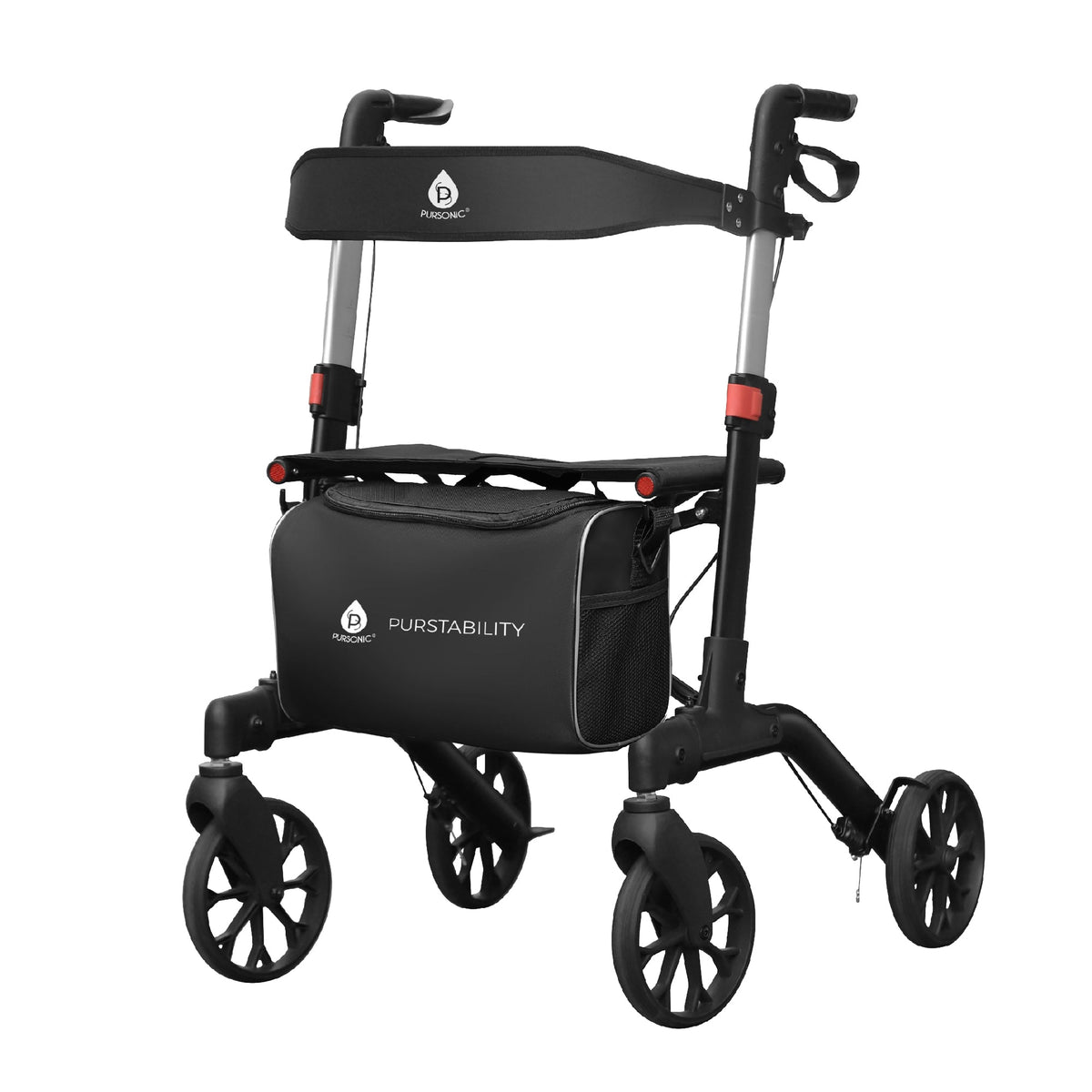 Andador plegable con ruedas, respaldo y bolsa: altura ajustable, diseño ligero y resistente para mayor movilidad.