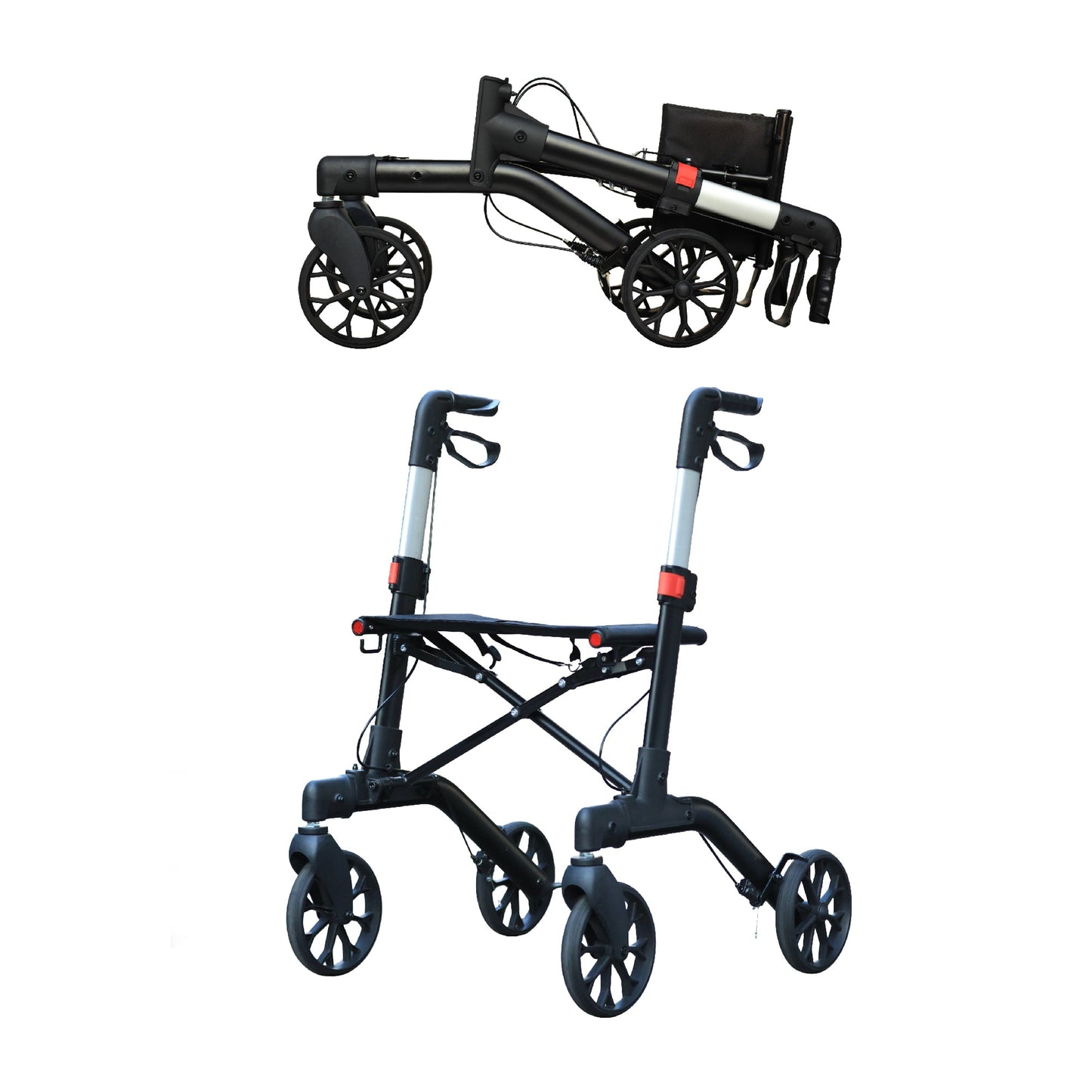 Andador plegable con ruedas, respaldo y bolsa: altura ajustable, diseño ligero y resistente para mayor movilidad.
