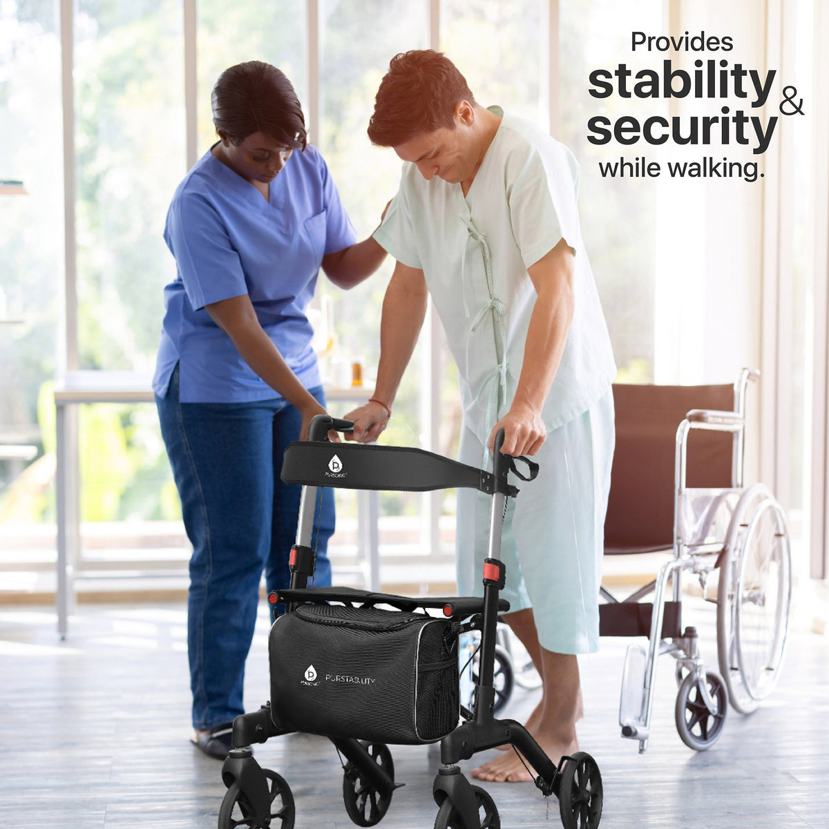 Andador plegable con ruedas, respaldo y bolsa: altura ajustable, diseño ligero y resistente para mayor movilidad.