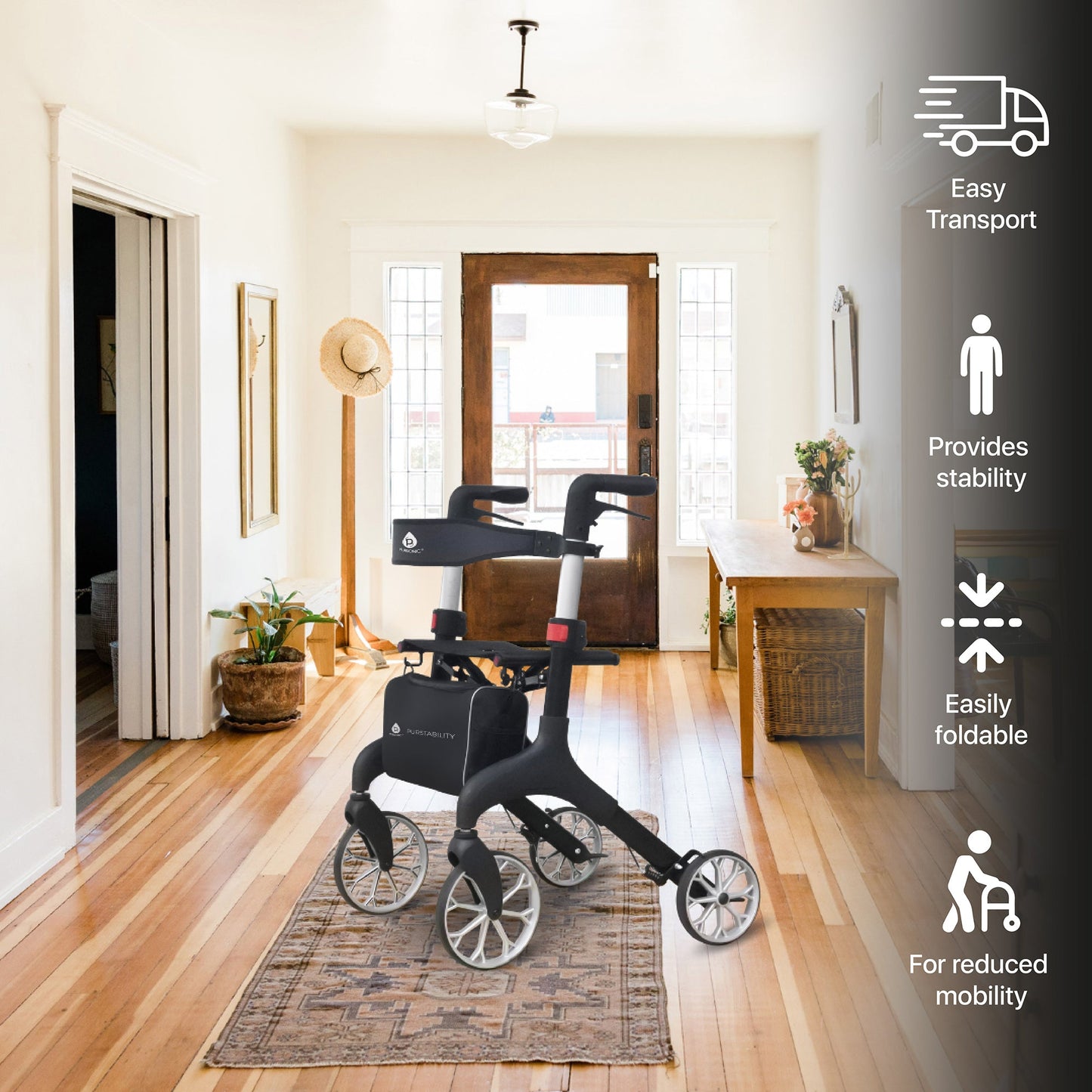Foldable Wheeled Walker with Adjustable Height, 9-Inch Front and 8-Inch Rear Wheels, 300 lb Capacity