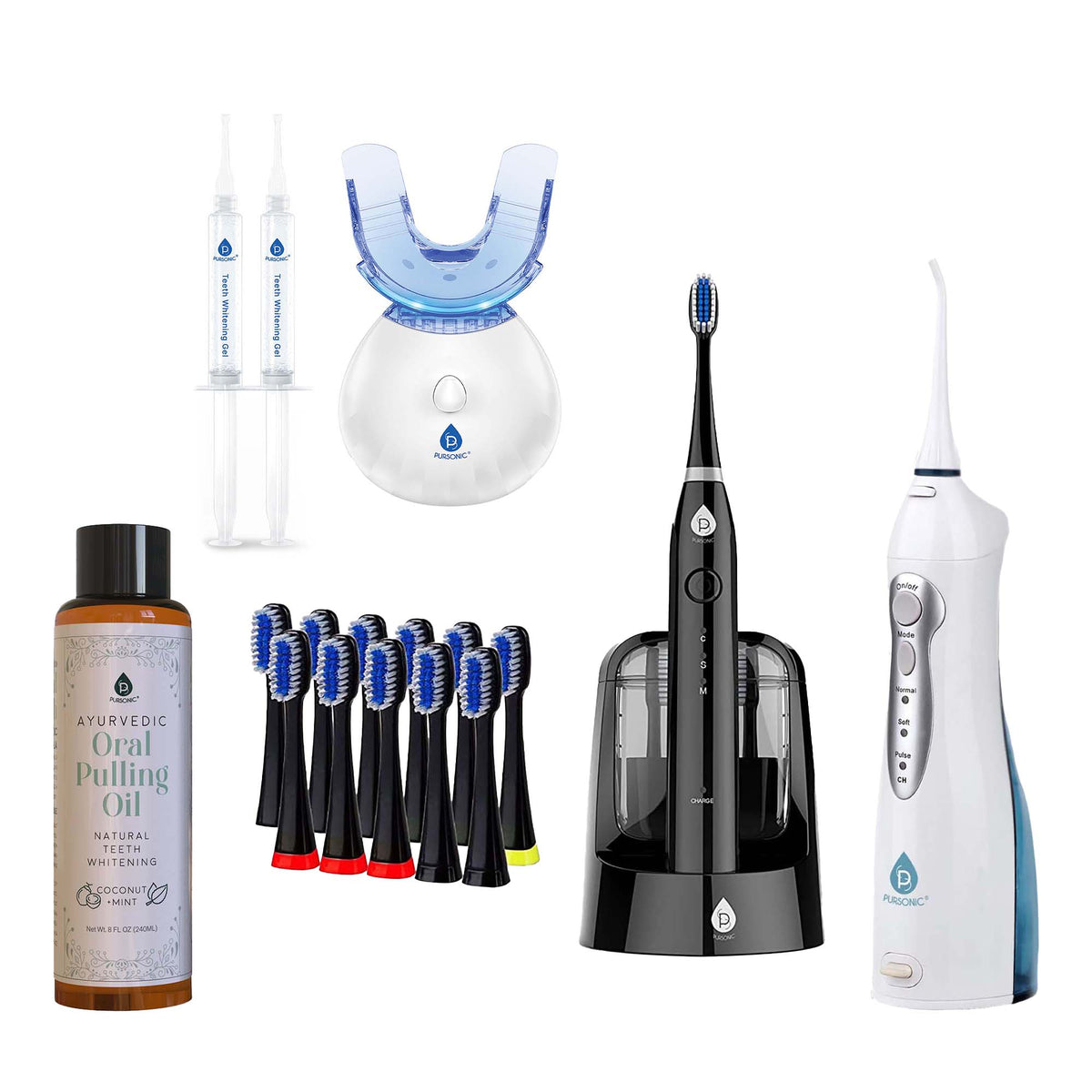 Paquete Pursonic Ultimate Oral Care: cepillo de dientes eléctrico inteligente, irrigador bucal, blanqueador LED y aceite ayurvédico.