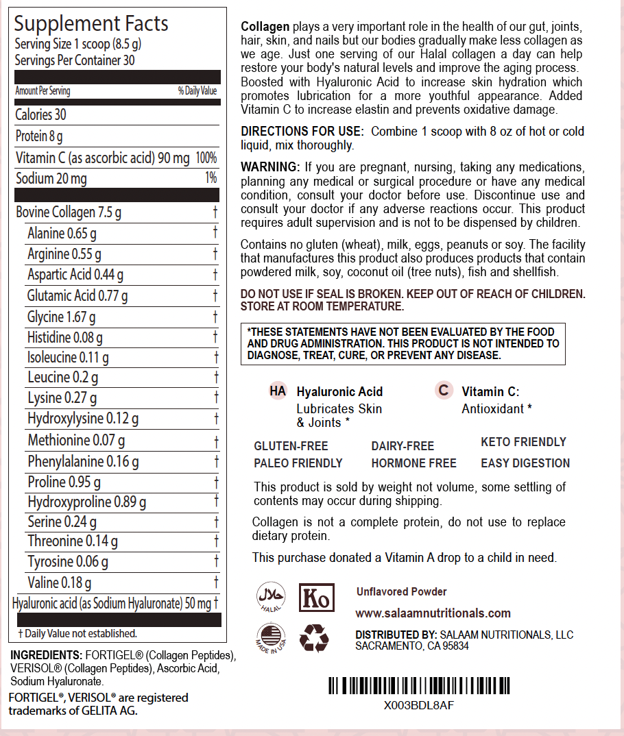 Pure Halal Collagen Hydrolyzed Peptides Type 1 & 3 Powder - With Vitamin C & Hyaluronic Acid | Salaam Nutritionals