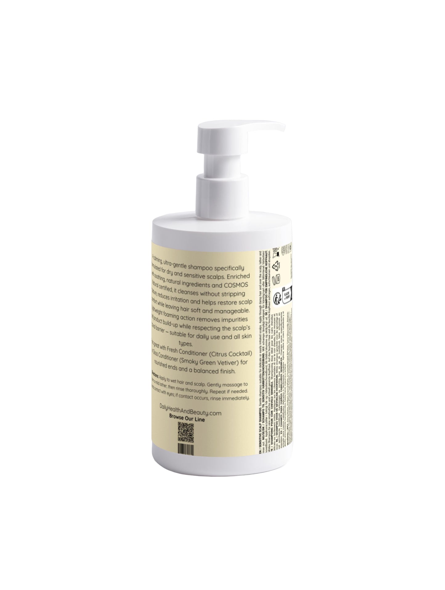 White bottle with a label on a light gray background