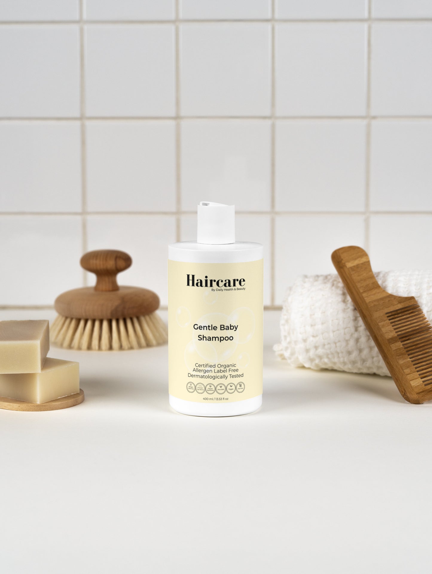 Gentle Baby Shampoo at bath time — ultra-mild daily formula, vegan, gluten-free, nut-free, safe from birth