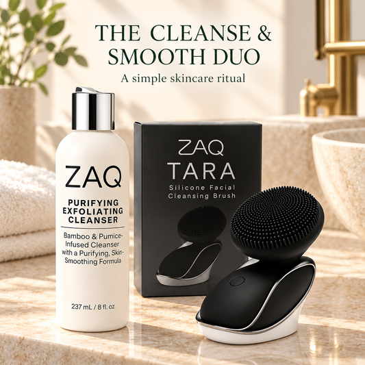 ZAQ Cleanse & Smooth Duo – TARA Facial Cleansing Brush + Purifying Exfoliating Cleanser