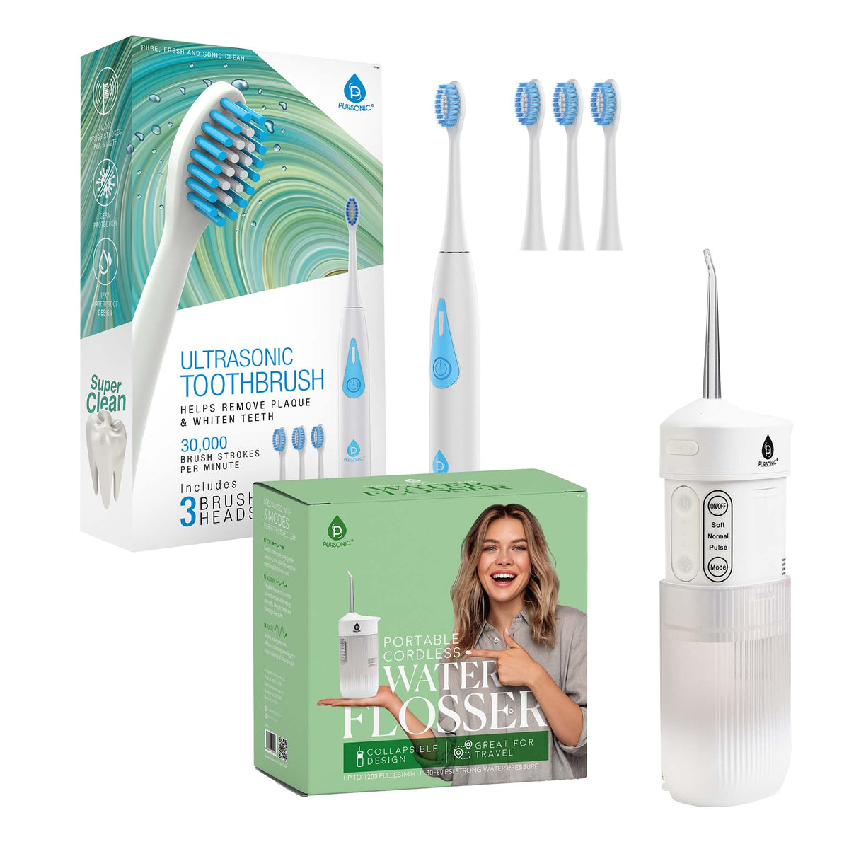 Dúo Ultimate Smile Care: Asistente dental de tres cabezales e irrigador bucal portátil