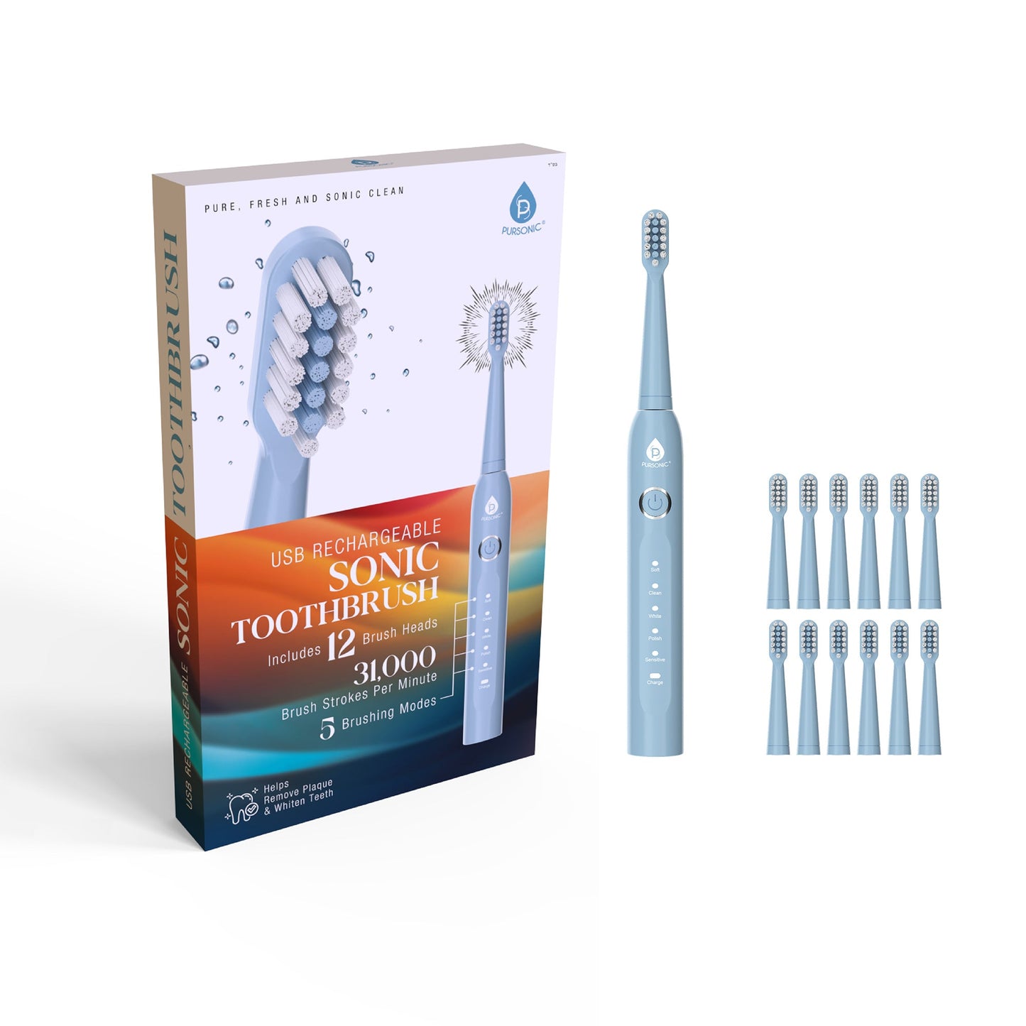 USB Rechargeable Electric Toothbrush with 12 Brush Heads