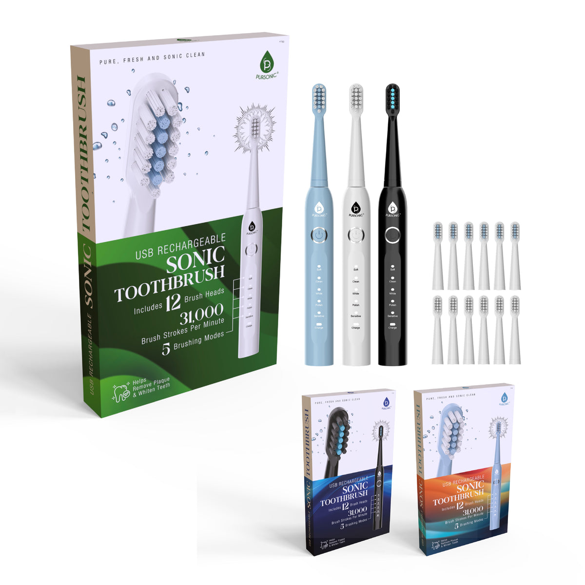 USB Rechargeable Electric Toothbrush with 12 Brush Heads