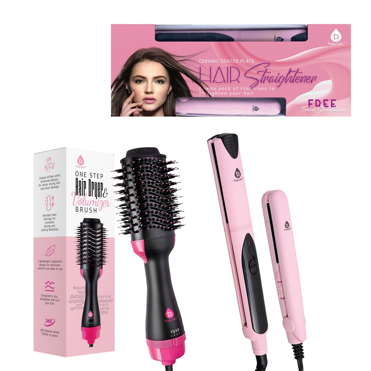 Pack de potencia para peinar el cabello: Secador y cepillo voluminizador de un solo paso + Plancha alisadora de cabello profesional de calidad de salón con plancha de viaje gratis