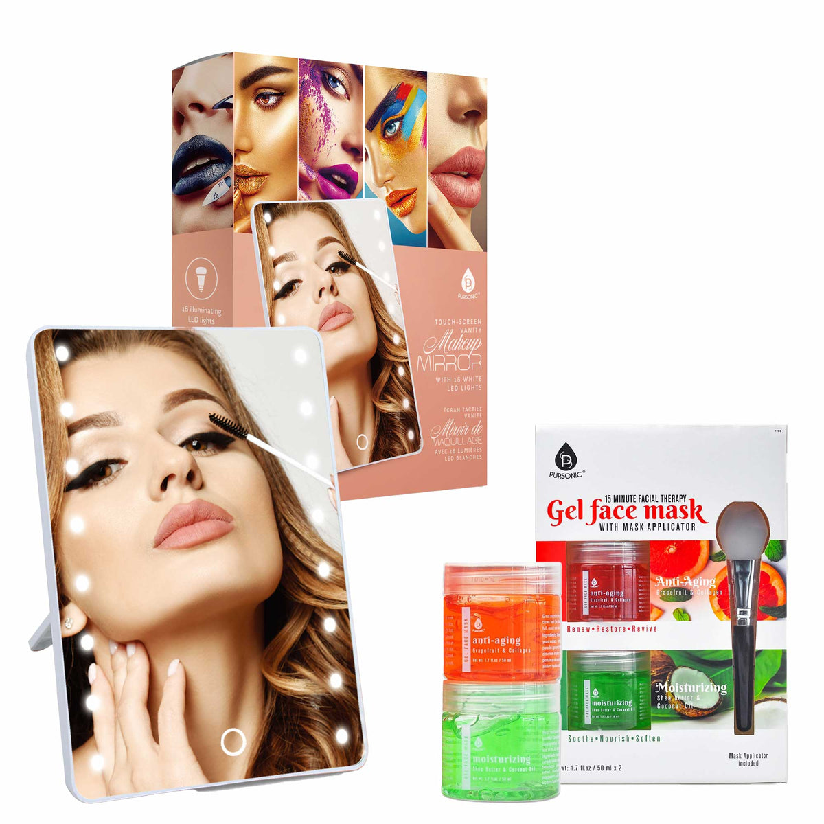 Espejo de tocador con pantalla táctil LED Pursonic y lujoso set de mascarilla facial de gel y barro