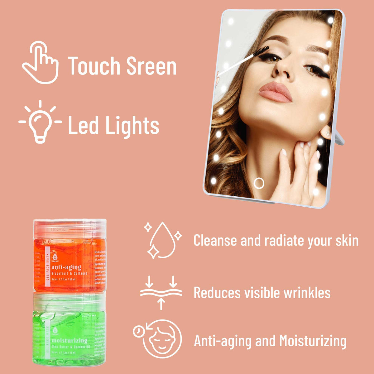 Espejo de tocador con pantalla táctil LED Pursonic y lujoso set de mascarilla facial de gel y barro