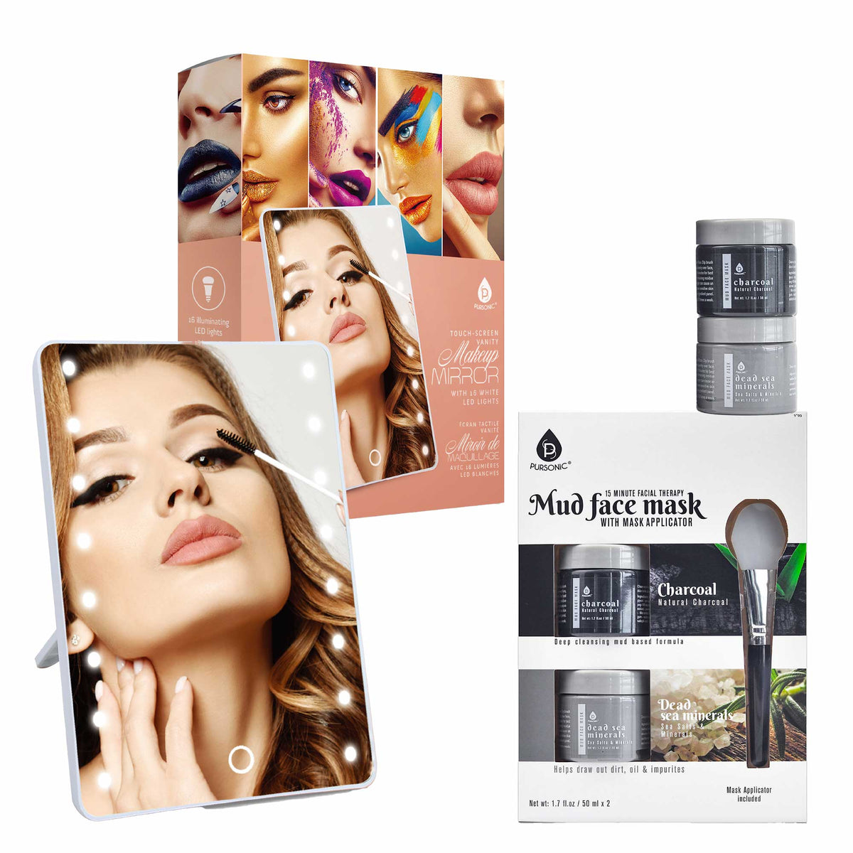 Espejo de tocador con pantalla táctil LED Pursonic y lujoso set de mascarilla facial de gel y barro