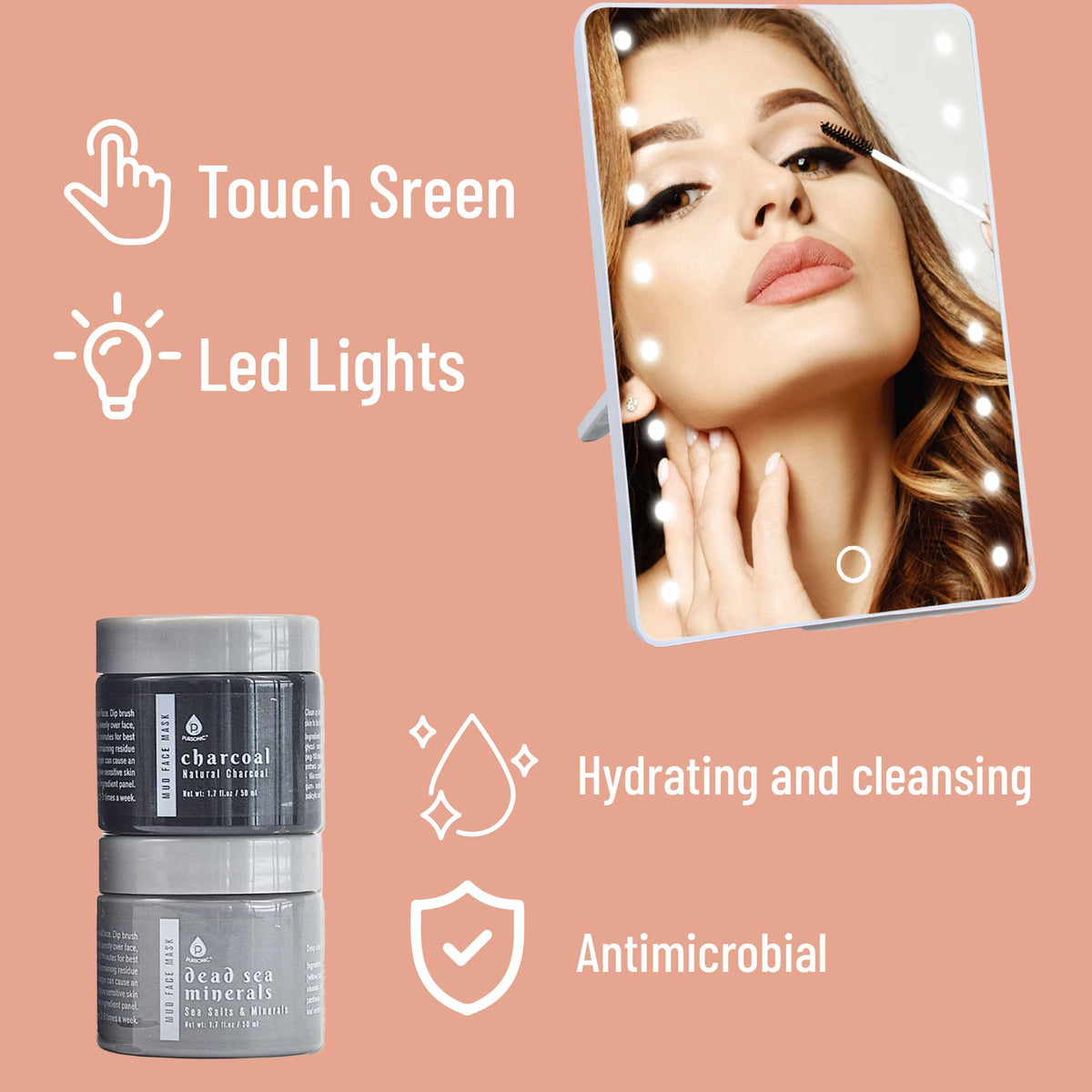 Espejo de tocador con pantalla táctil LED Pursonic y lujoso set de mascarilla facial de gel y barro