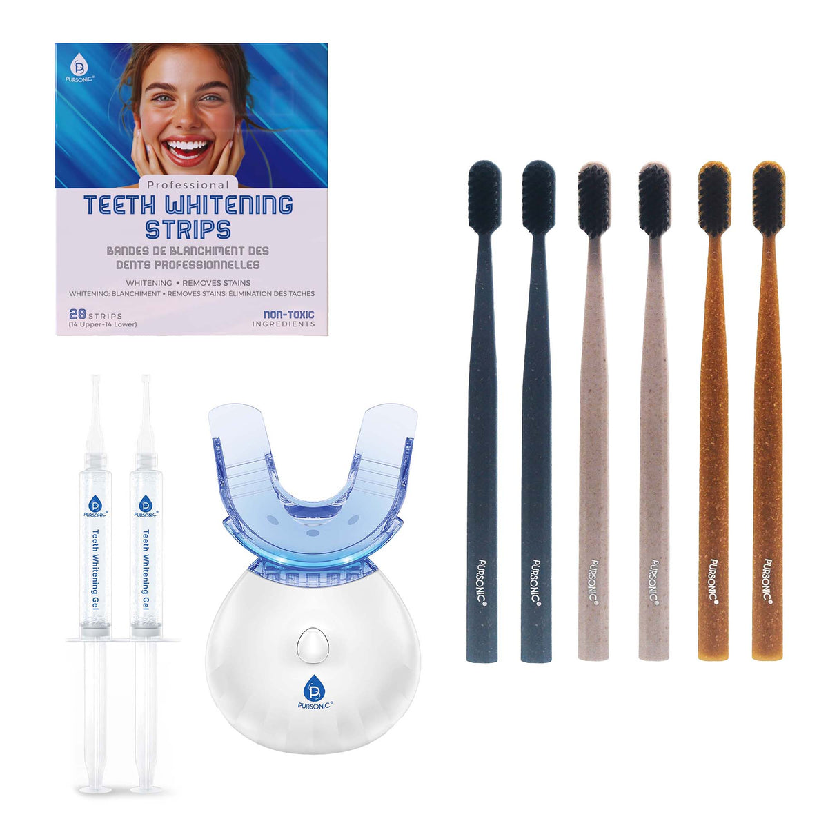 Solución blanqueadora dental LED Pursonic, tiras blanqueadoras y cepillo de dientes de carbón