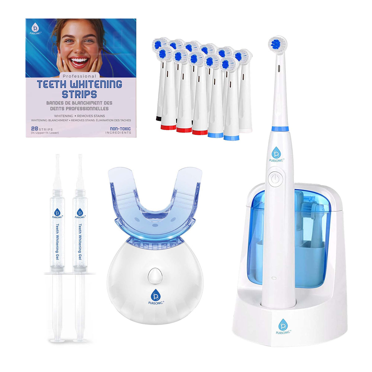 Paquete Pursonic Advanced Smile Care: kit de blanqueamiento LED, tiras blanqueadoras y cepillo de dientes eléctrico