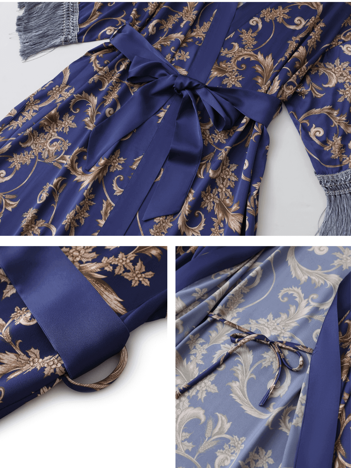 Bata kimono azul con borlas