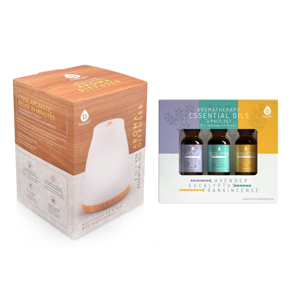 Difusor USB Pursonic 2 en 1 para aromaterapia y aceites esenciales - Ultrasónico - 3 aceites principales - 300 ml con 2 configuraciones de niebla y 7 configuraciones de luz ambiental