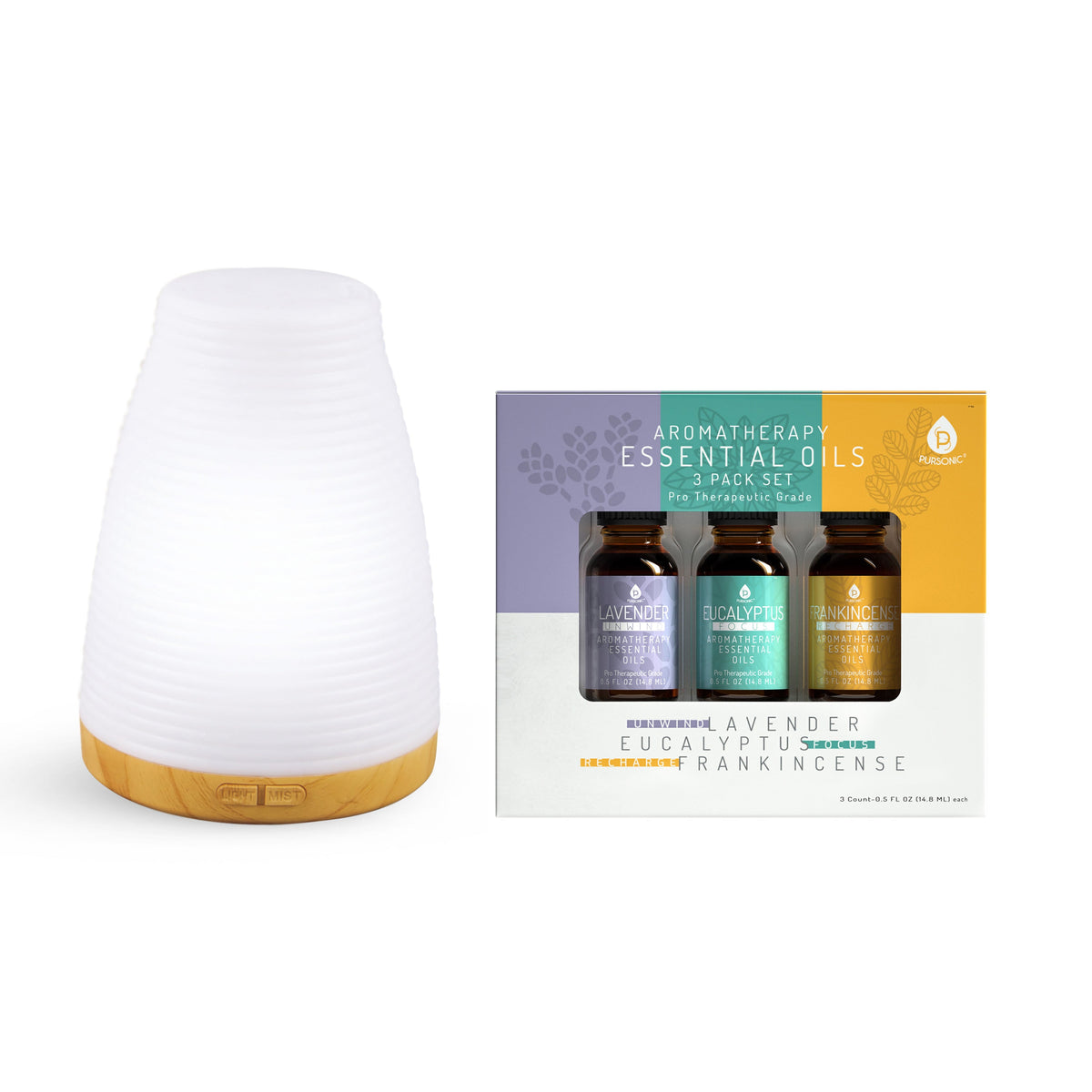 Difusor USB Pursonic 2 en 1 para aromaterapia y aceites esenciales - Ultrasónico - 3 aceites principales - 300 ml con 2 configuraciones de niebla y 7 configuraciones de luz ambiental