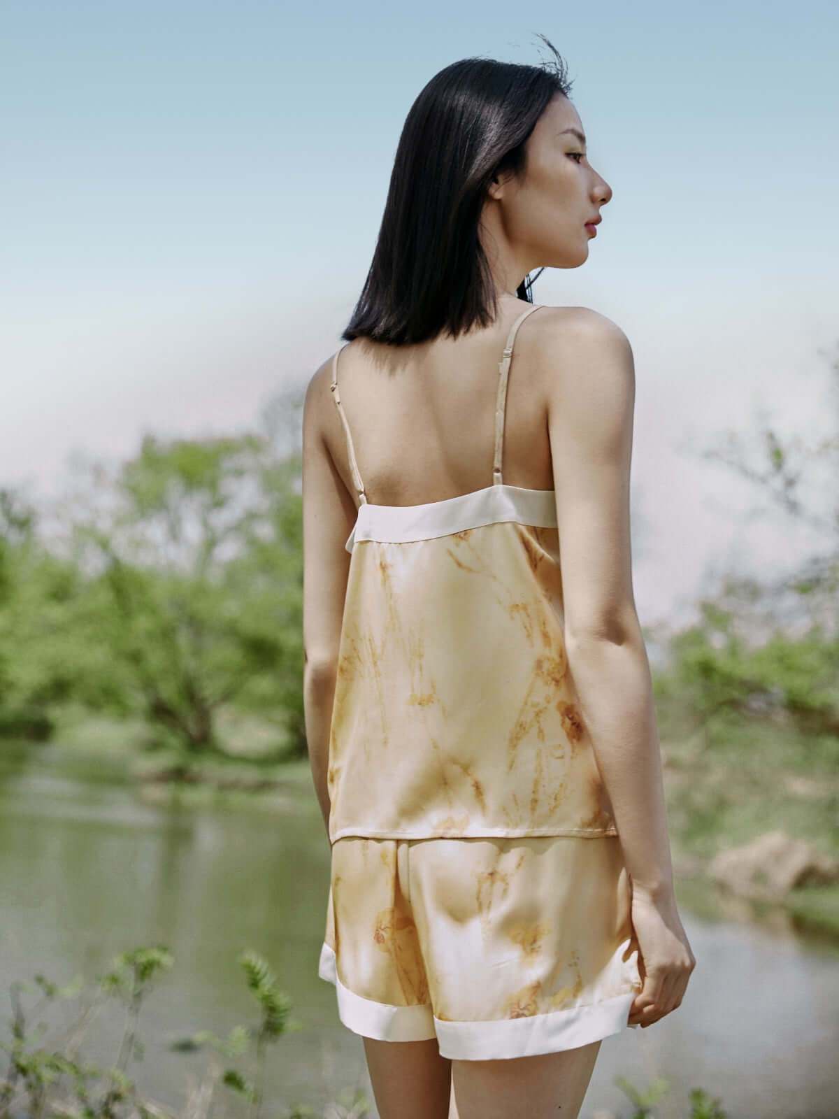 Floral Gold Camisole and Shorts Pajama Set with Pockets