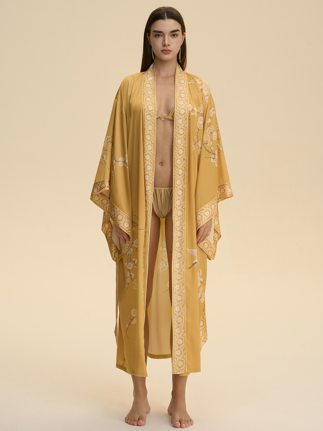 Golden Crane & Plum Blossom Kimono Robe