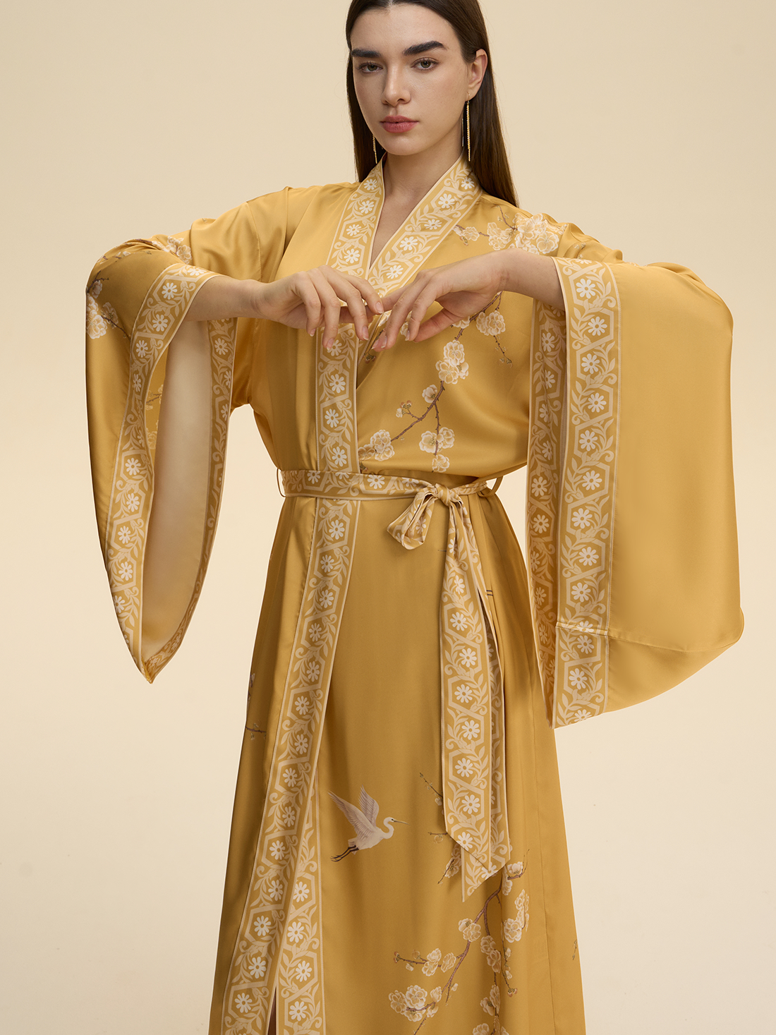 Golden Crane & Plum Blossom Kimono Robe
