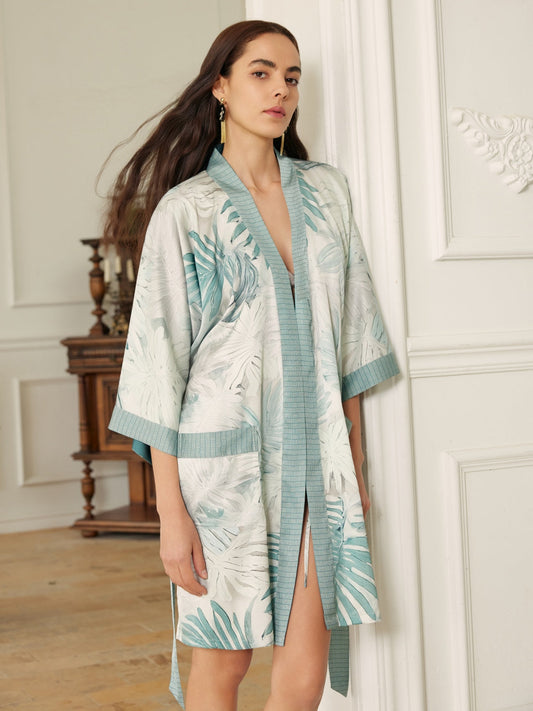 Tropical Palm Leaf Short Robe with Pockets