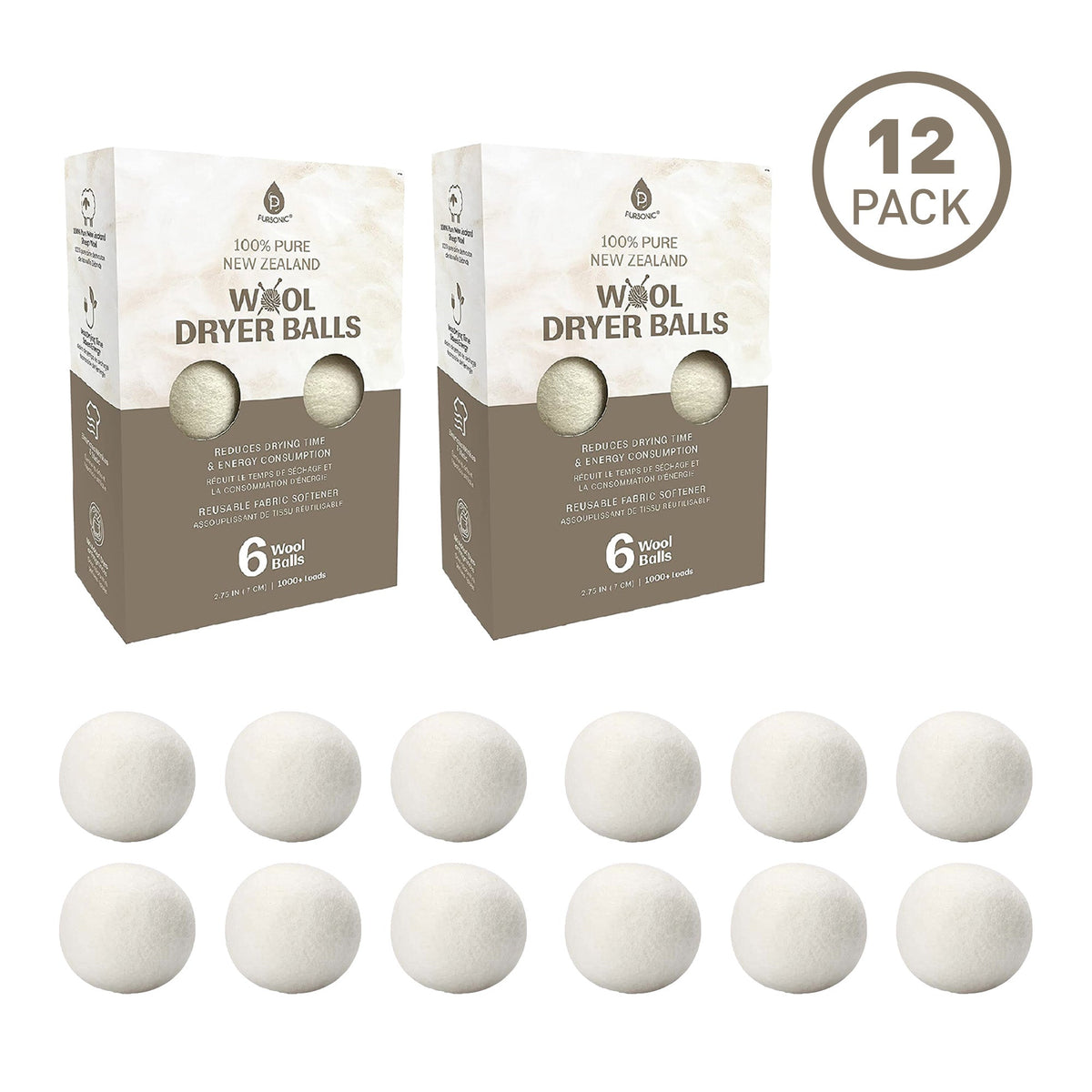 Pursonic Lot de 12 boules de séchage 100 % pure laine de Nouvelle-Zélande
