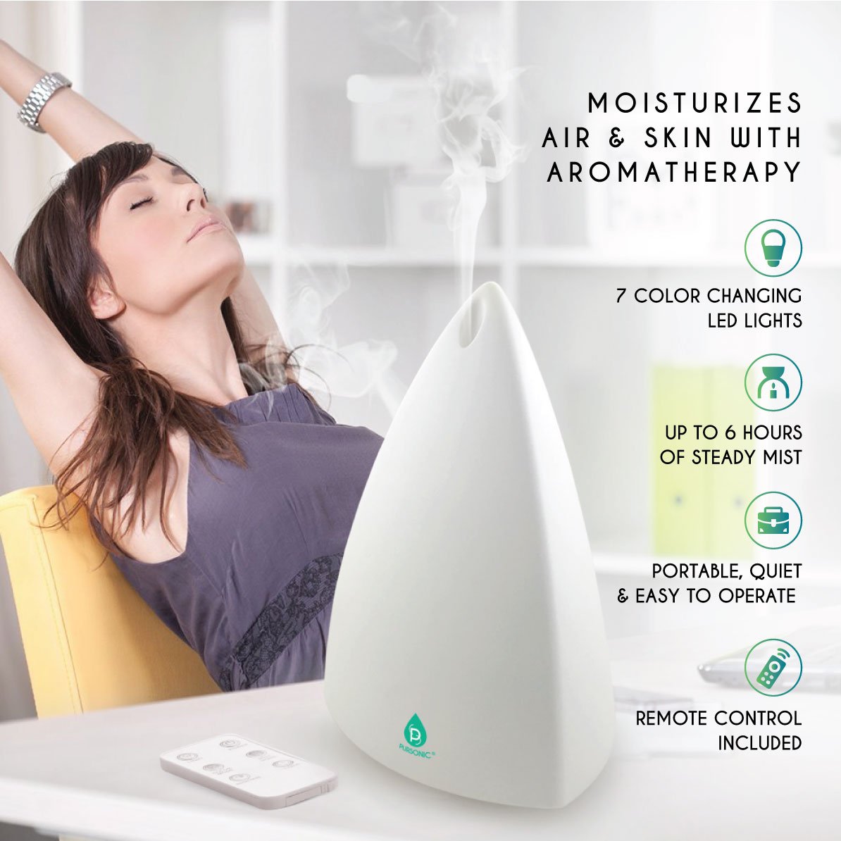 Difusor de aromaterapia Pursonic y set de aceites esenciales - Ultrasónico Top 3 Oils