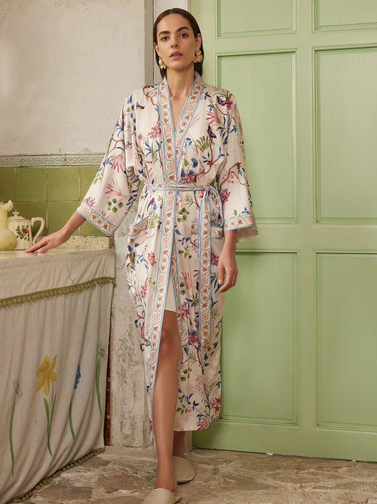 Beige Chinoiserie Floral Long Kimono Robe with Pockets | Daily Health & Beauty