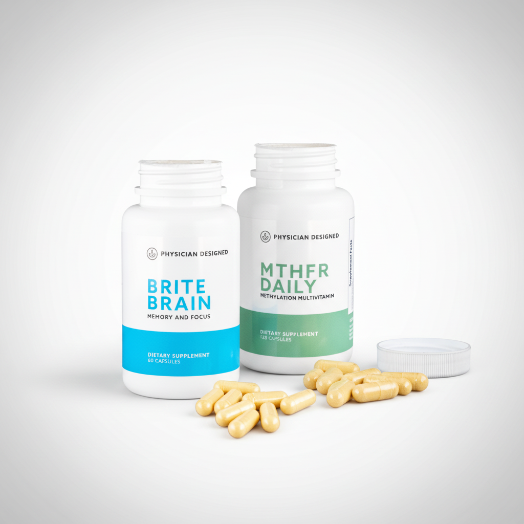 Brite Brain and MTHFR Daily Brain and Mood Stack angled bundle shot — Brite Brain Memory and Focus and MTHFR Daily Methylation Multivitamin by Physician Designed — neurotransmitter and cognitive support stack