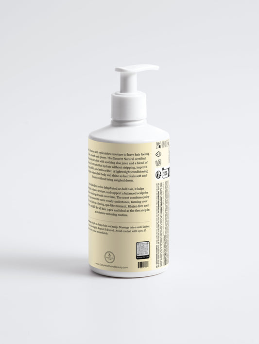 Moisturising Shampoo ingredients label — organic aloe, ginkgo biloba, burdock root, honey moisture complex