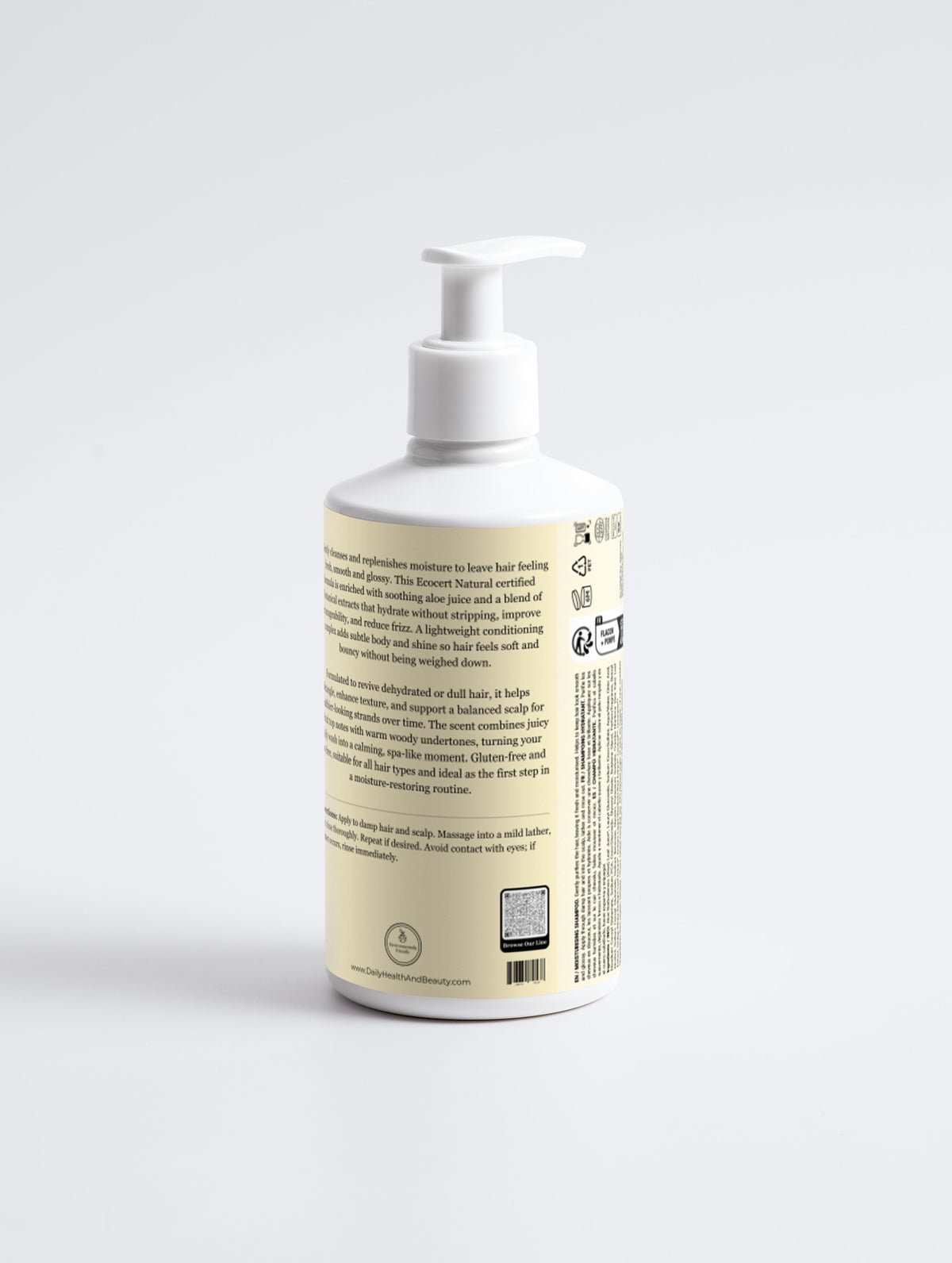 Moisturising Shampoo ingredients label — organic aloe, ginkgo biloba, burdock root, honey moisture complex