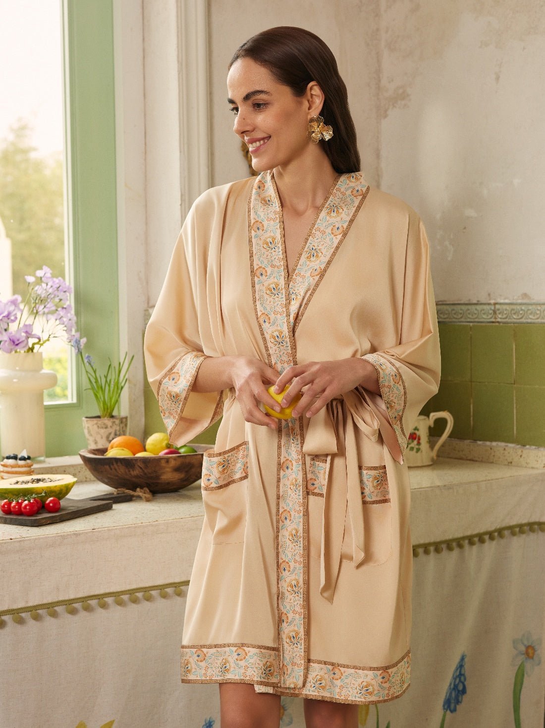 Champagne Gold Embellished Flower Short Robe with Pockets | Daily Health & Beauty