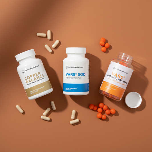 Copper Balance, VARS SOD and VARS Liposomal Vitamin C Gummies Anti-Inflammatory and Recovery Stack flat lay — three supplement bottles with capsules and orange gummies on terracotta background — Physician Designed anti-inflammatory recovery bundle