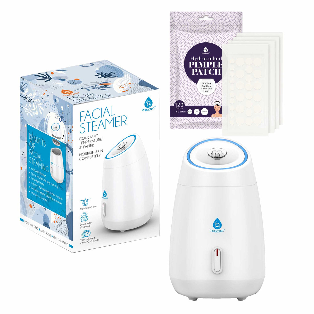 Vaporizador facial avanzado Pursonic y parche hidrocoloide para espinillas