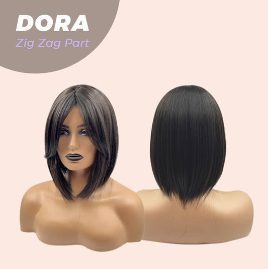 JBEXTENSION 12 Inches Bob Cut Soft Black Short Hair With Bangs Zig Zag Part Wig DORA BROWN