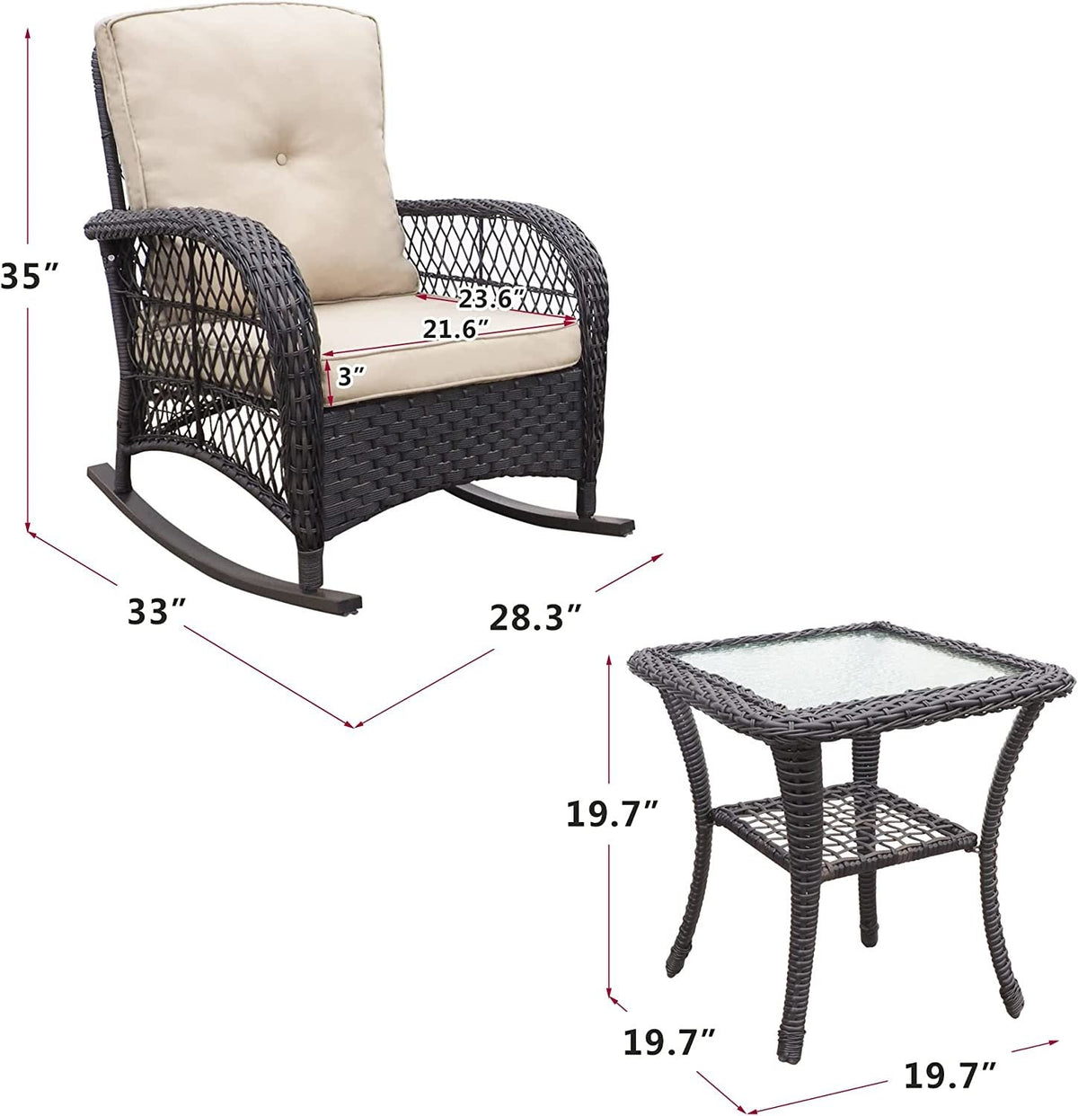 3 Pieces Outdoor Wicker Rocker Patio Bistro Set; Rocking Glider Chairs with Premium Cushions and Armored Glass Top Side Table; Elegant Wicker Patio Bistro Conversation Sets for Backyard