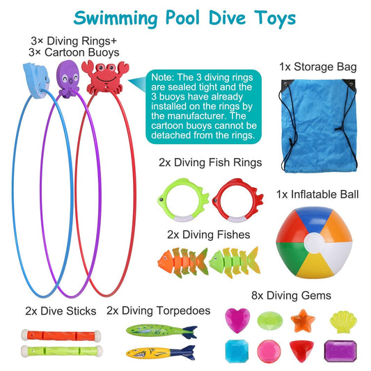 24PCS Kids Diving Pool Toys Set – Rings, Torpedoes, Volleyball