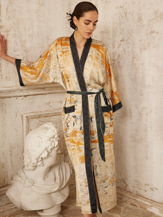 Elegant Yellow Crane & Lotus Kimono Robe with Pockets | Daily Health & Beauty