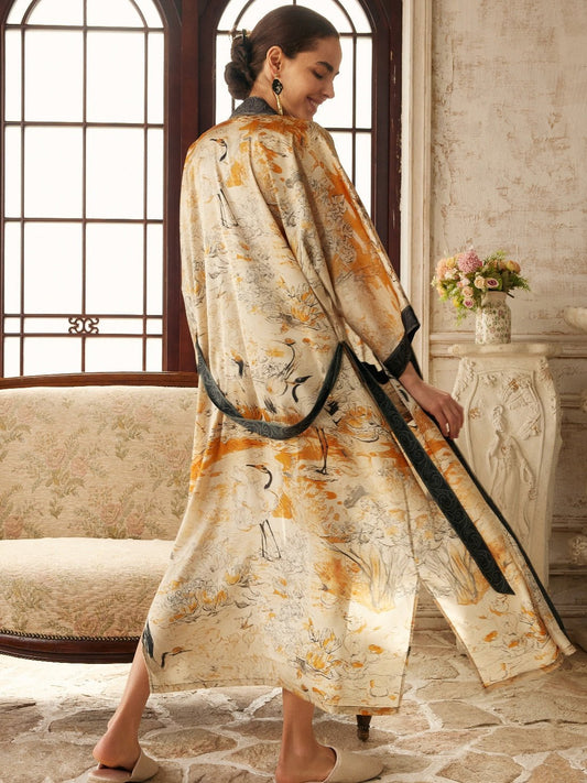 Elegant Yellow Crane & Lotus Kimono Robe with Pockets | Daily Health & Beauty