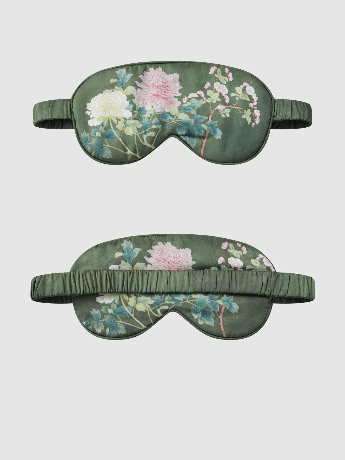 Antifaz para dormir con charmeuse floral de oliva y inspiración asiática