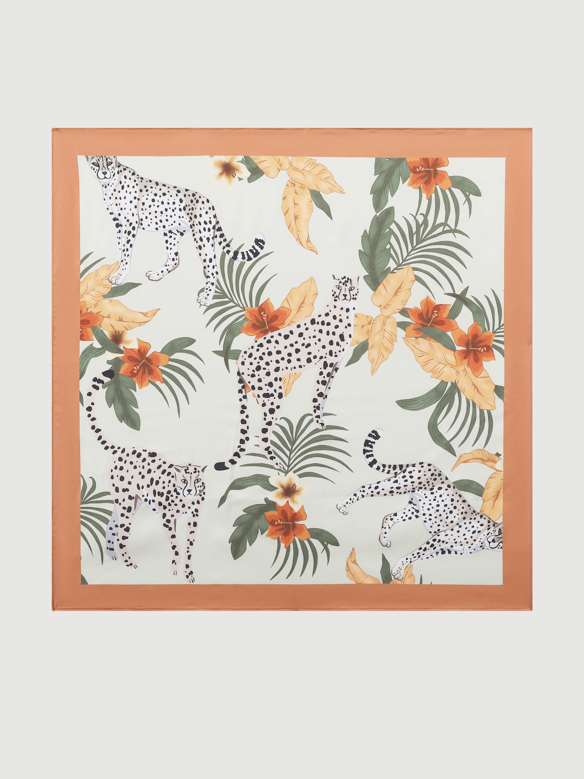 Bufanda cuadrada con estampado floral de charmeuse y leopardo naranja