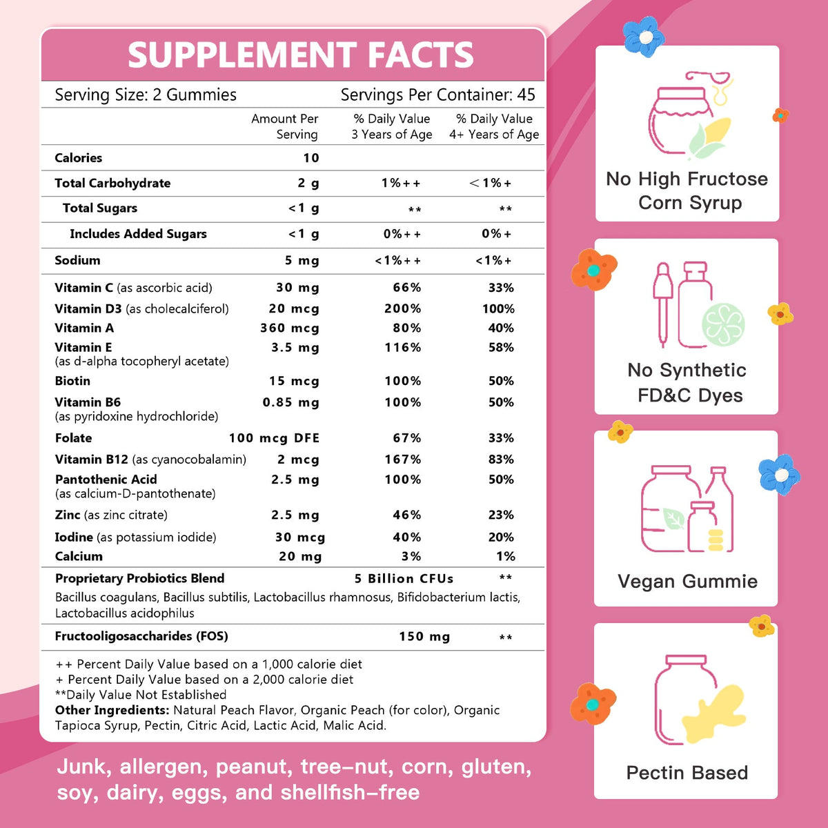 Kids Probiotics 5 Billion CFUs, 5 Strains with 12 Vitamins & Minerals, Peach, 90 Gummies