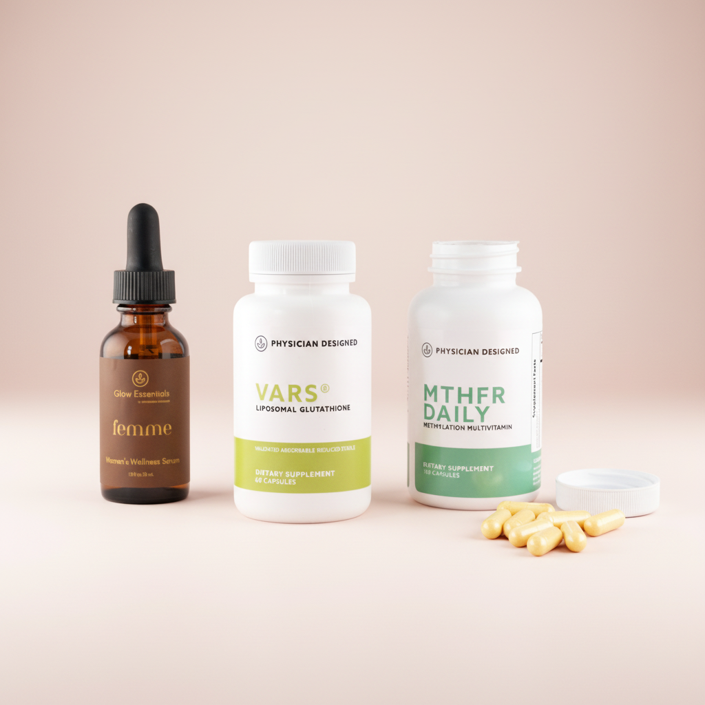 Femme Topical Progesterone Serum, VARS Liposomal Glutathione and MTHFR Daily Hormonal Balance and Skin Stack angled bundle shot — progesterone serum, liposomal glutathione and methylation multivitamin by Physician Designed — complete women's hormonal and detox stack