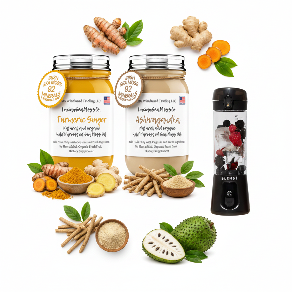 Organic Wellness Warrior Sea Moss Gel Bundle Turmeric Ginger Ashwagandha Soursop and BLENDi Pro+ Ice Crushing Portable Blender flat lay with fresh turmeric ginger ashwagandha and soursop — Daily Health & Beauty