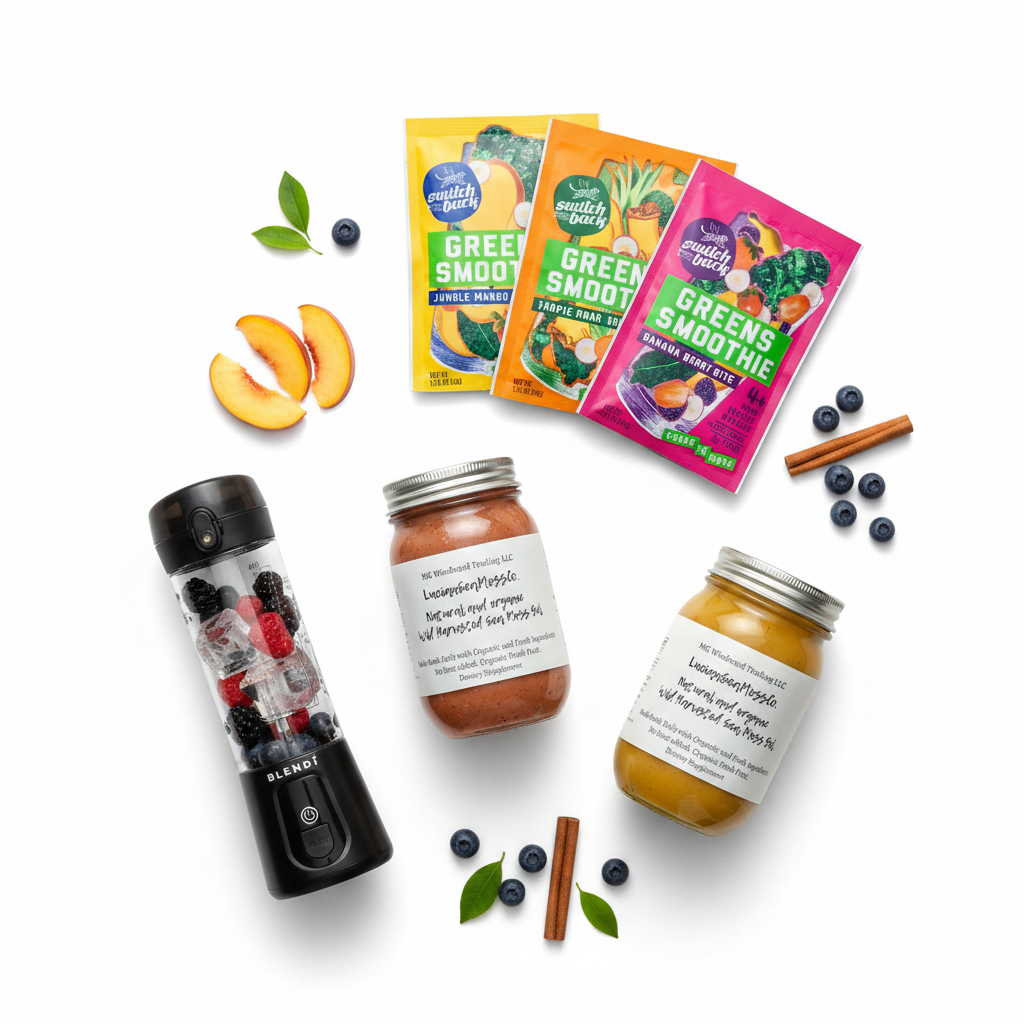 Organic Fruit Infused Country Fields Sea Moss Gel Bundle Apple Cinnamon Peach Blueberry Switchback Greens Smoothie Variety Pack and BLENDi Pro+ Portable Blender flat lay with fresh fruit — Daily Health & Beauty