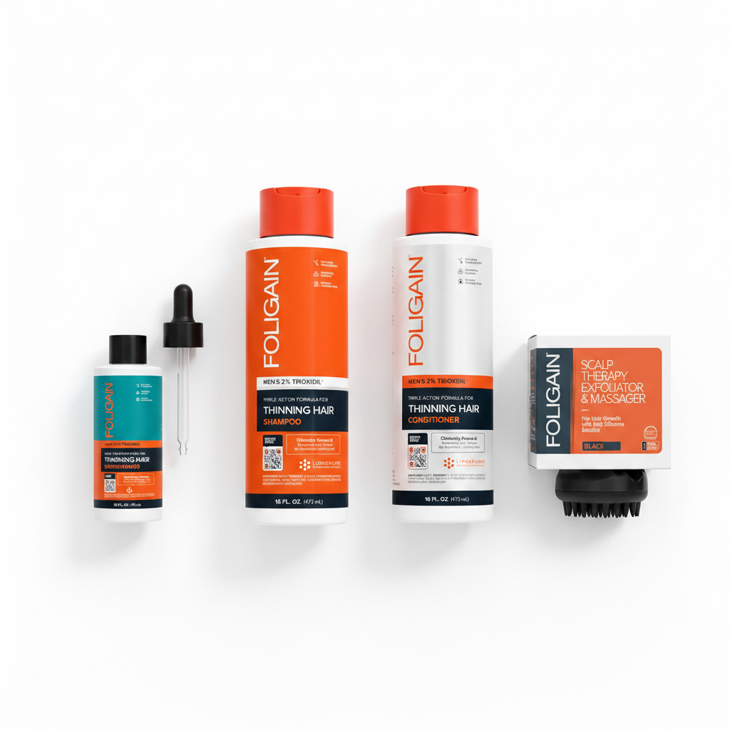 FOLIGAIN Men's Advanced Scalp Support Stack on white surface — 2dDR Serum, shampoo, conditioner 473ml and black scalp massager top-down view